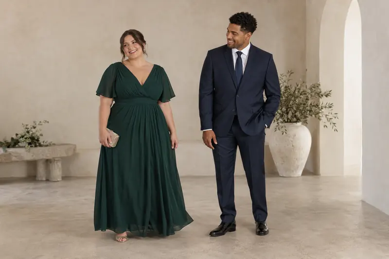 Original formal guest concept with a deep green floor-length dress and a dark navy suit with tie.