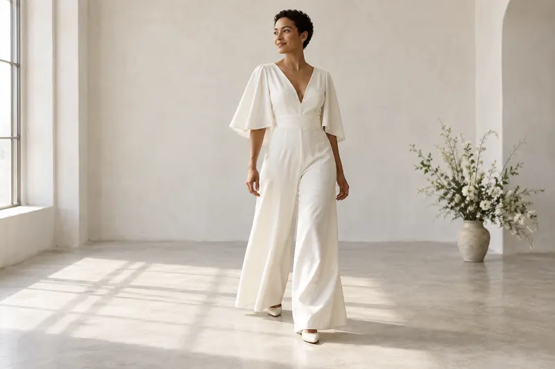 Original attire concept with an ivory wide-leg jumpsuit, defined waist and flowing cape sleeves.