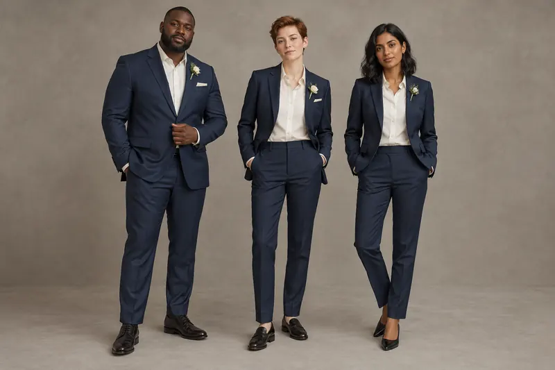 Three adult attendants in matching navy tailored suits with ivory shirts, different lapel accessories and individual shoes.
