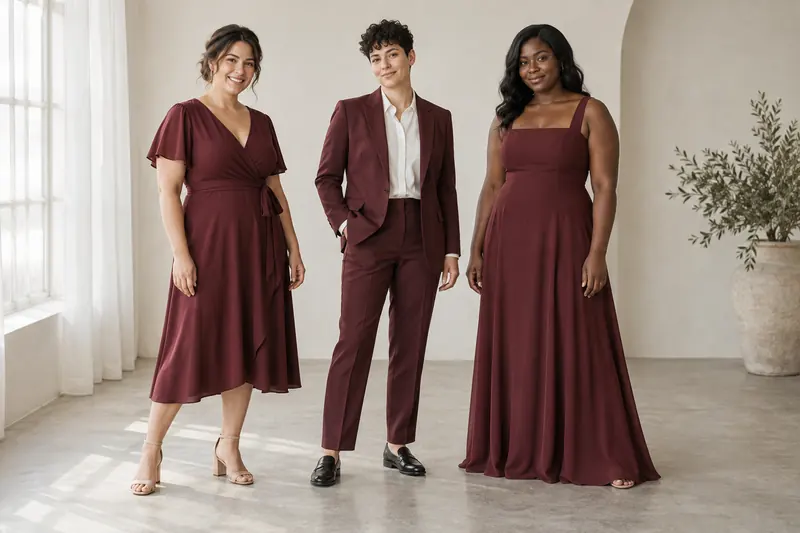 Original party-attire concept with three adults in different berry dresses and a berry suit.