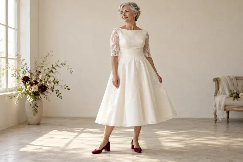Original attire concept with an ivory tea-length dress, elbow-length sleeves and burgundy block-heel shoes.