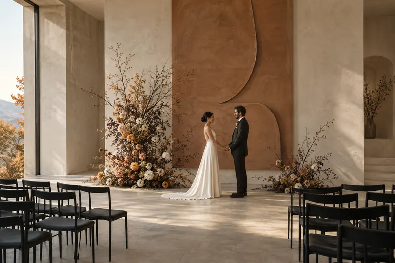 A wedding couple stands before a sculptural clay-colored wall and asymmetric branches and flowers, with black ceremony chairs.
