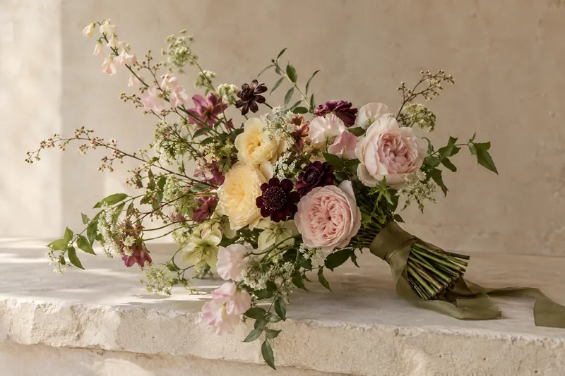 Original airy bouquet concept with pink and yellow flowers at varied heights and visible space between stems.