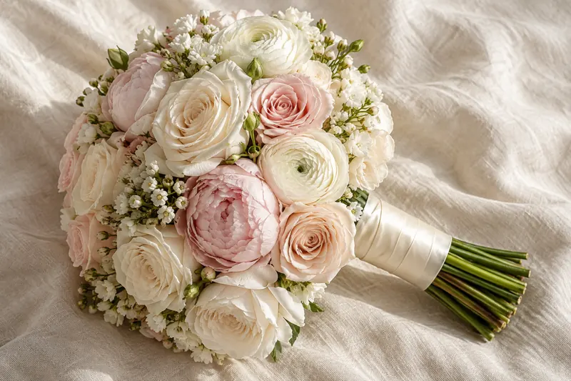 Original bouquet concept with tightly grouped ivory and blush flowers forming a compact rounded outline.