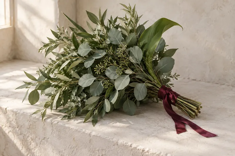 Original nonfloral bouquet concept with a hand-tied mix of green leaves and a burgundy ribbon.