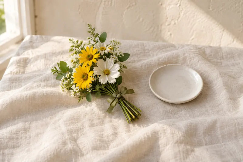 Original small-posy concept with a modest handful of yellow and ivory flowers tied with an olive ribbon.