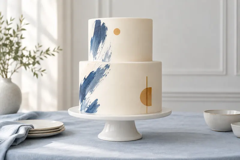 Smooth two-tier ivory cake decorated with abstract blue brushstrokes and fine ochre shapes.