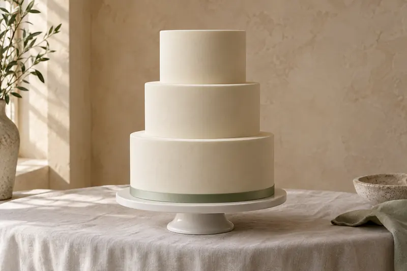 Three smooth ivory round cake tiers on a low stand, with a restrained green ribbon around the base.