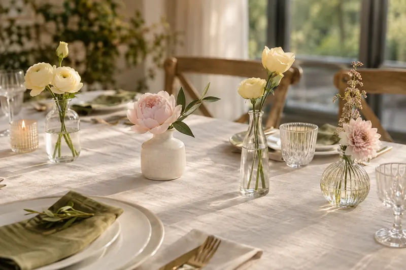 Original centerpiece concept with several small separate bud vases and restrained yellow and pink flowers.