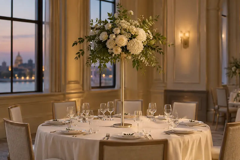 Original centerpiece concept with flowers raised above a round table on a slender pale-metal stand.
