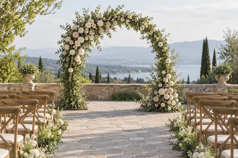 Original ceremony concept with an open floral arch in ivory and blush above a clear aisle.
