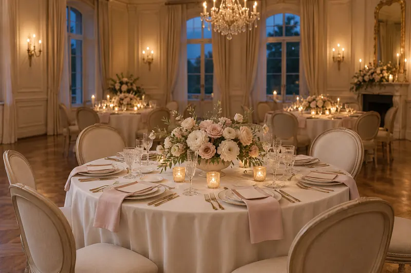 Classic romantic wedding concept with blush napkins, cream flowers and warm table lighting in a paneled room.
