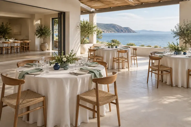 Coastal wedding concept with ivory round tables, sea-glass napkins and blue ceramics on a covered terrace.