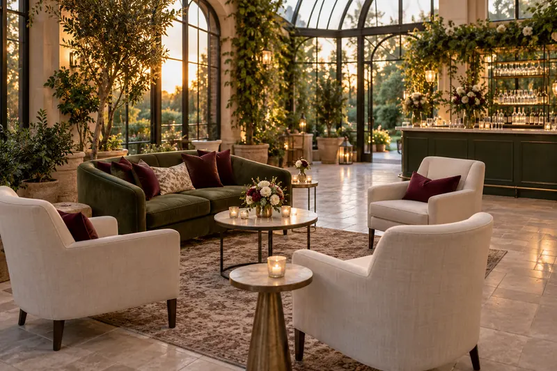 A wedding cocktail-hour lounge with upright armchairs, a sofa, small tables and a nearby drinks counter.