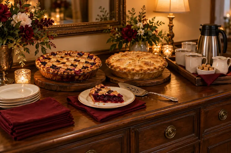 Fruit pies, a serving slice and ceramic coffee cups arranged on a warm evening dessert sideboard.