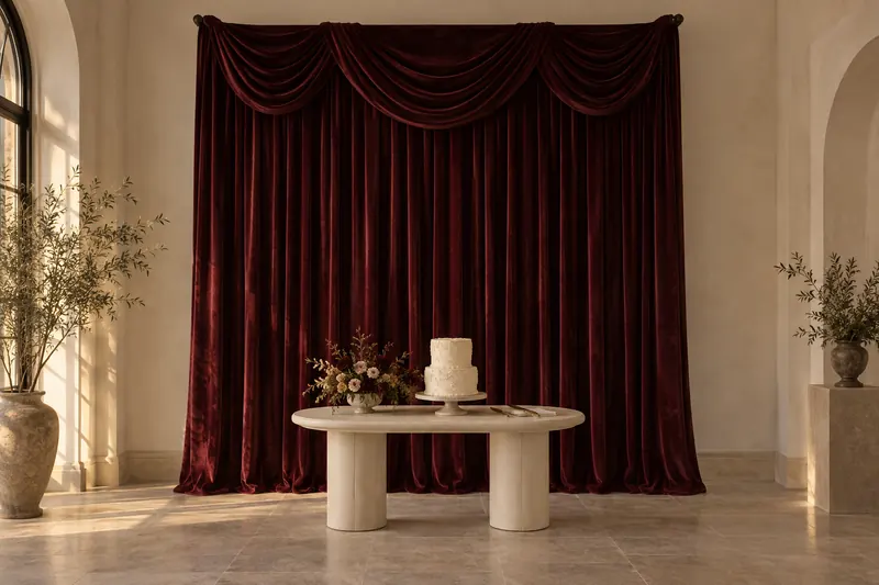 Deep burgundy velvet swags and vertical folds frame an ivory wedding cake on a low oval table against a pale wall.