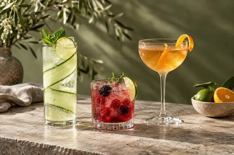 Three different wedding drinks: a cucumber and lime cooler, a red berry fizz and an amber citrus drink.