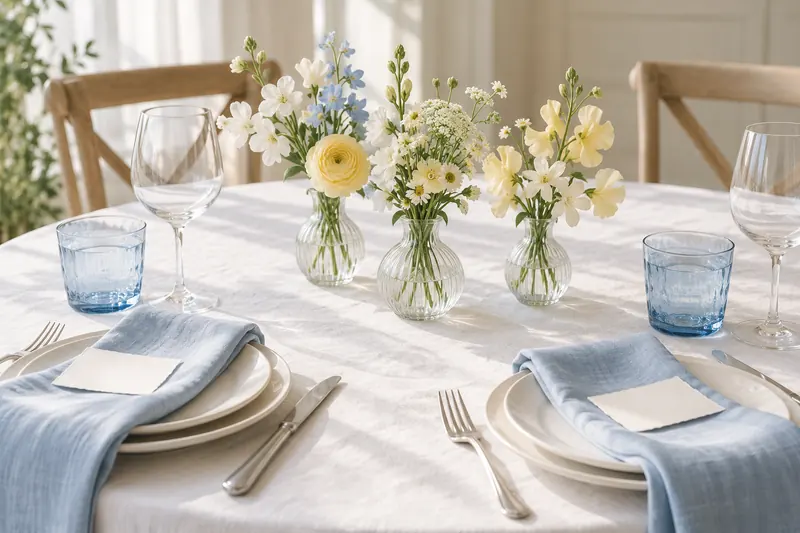 Wedding table concept with white linen, blue glassware, pale blue napkins, ivory plates and three small vases of yellow and white flowers.
