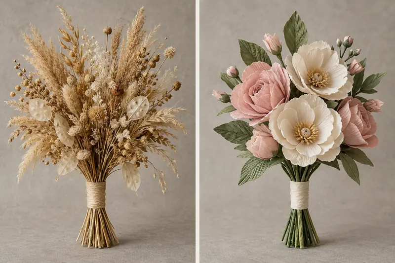 Two bouquet material concepts side by side: dry golden stems and seedheads, and clearly folded ivory and pink paper flowers.