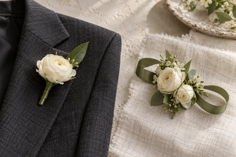 Original wearable-flower concept showing a small ivory lapel arrangement and a restrained ribbon wrist arrangement.