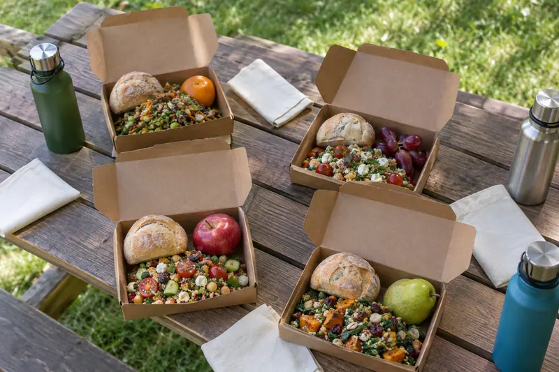Individual kraft lunch boxes hold bread, salad and fruit beside napkins and a water bottle on a simple outdoor picnic table.
