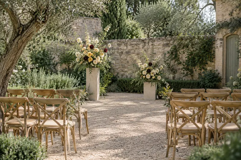Original ceremony concept: yellow and ivory flowers frame a clear aisle with wooden chairs