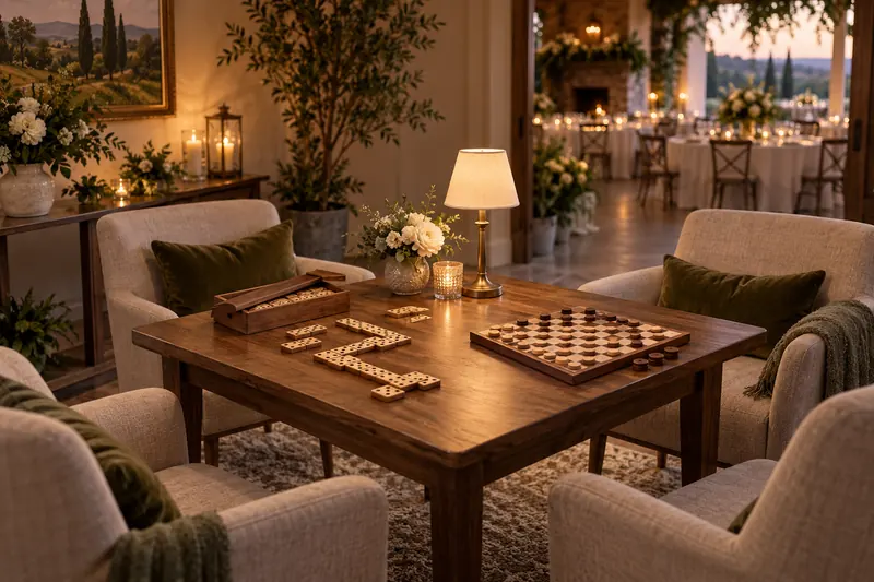 A wedding reception side table with a wooden domino set, a small checkerboard and comfortable chairs away from the main dining space.