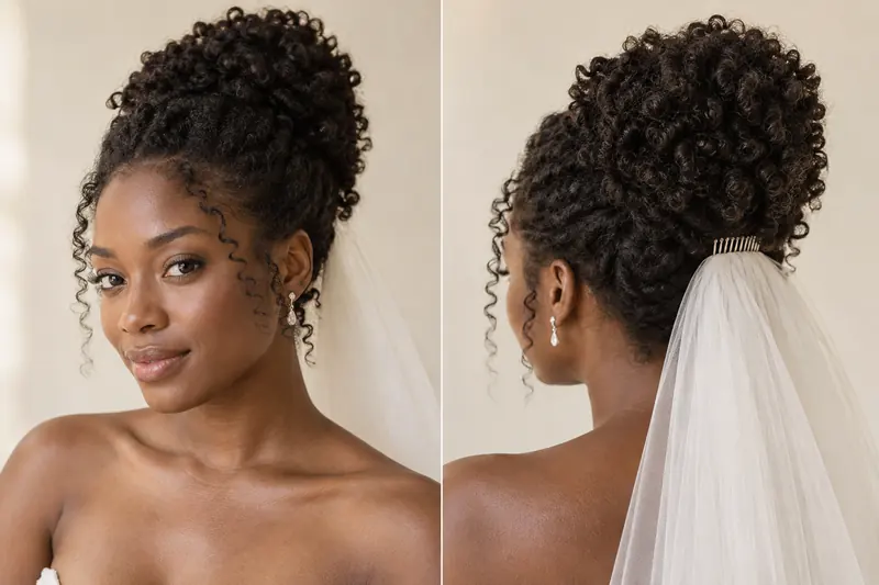 Original coily-hair updo concept shown from front and back, with a high textured shape and a veil placed below.