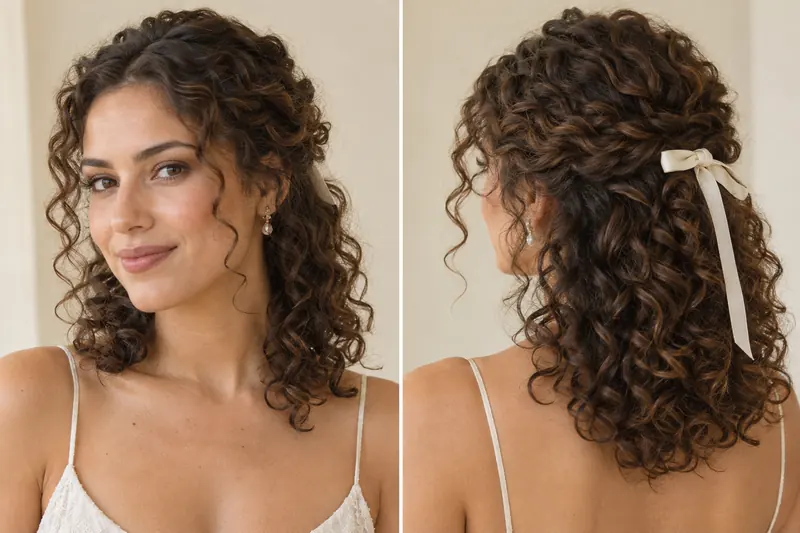 Original curly half-up hairstyle shown from front and back, with curls falling to the shoulders and a small tied section.