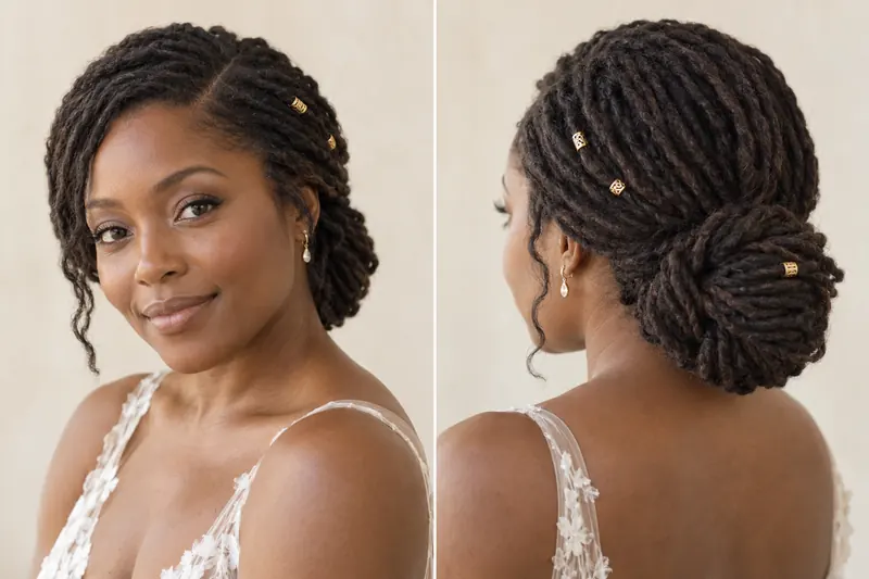 Original loc hairstyle concept shown from front and back with locs gathered into a low bun.