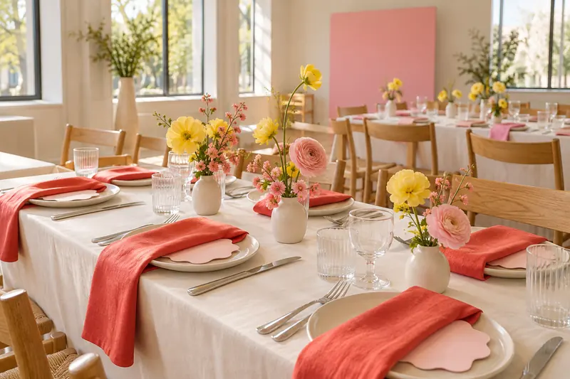 Colorful wedding concept with coral napkins, pink paper details and small yellow flower arrangements.
