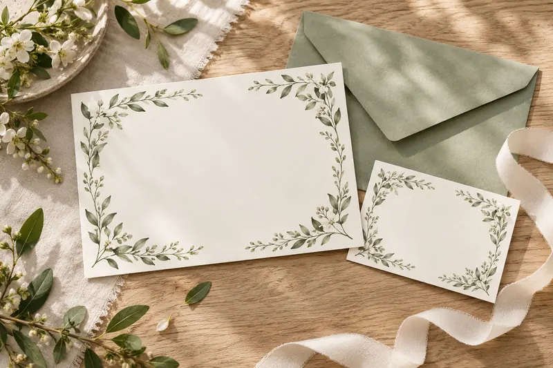 Ivory paper with a delicate green botanical border beside a sage envelope and a narrow cream ribbon.