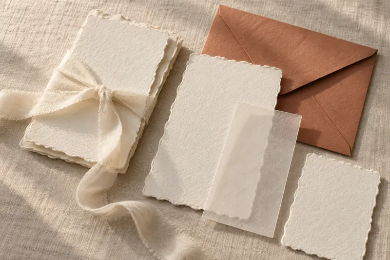 Deckled cream paper layered with translucent paper, a terracotta envelope and a soft fabric ribbon.