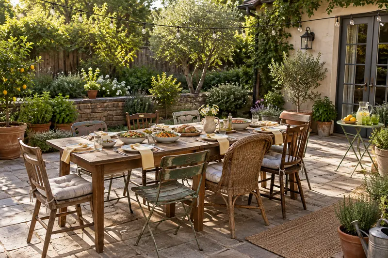 An intimate garden engagement-party concept with a shared-food table, regular chairs and a separate drinks table.