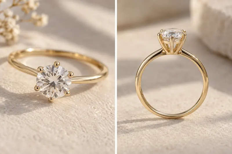 Original ring concept showing a round clear stone in an open prong setting from above and in profile.