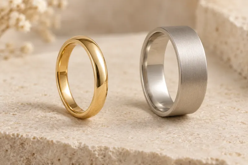 Original band concept comparing a narrow polished yellow-metal band with a wider brushed pale-metal band.