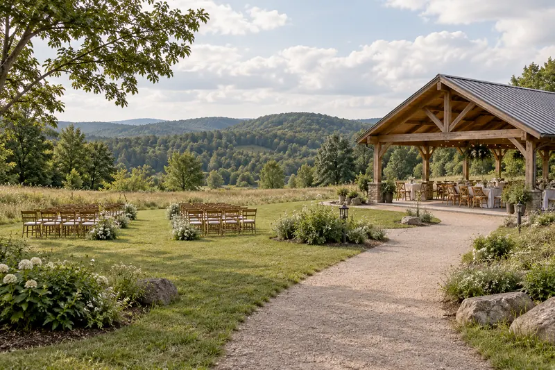 A rural ceremony area with chairs beside a timber pavilion, with a broad path joining the two spaces.