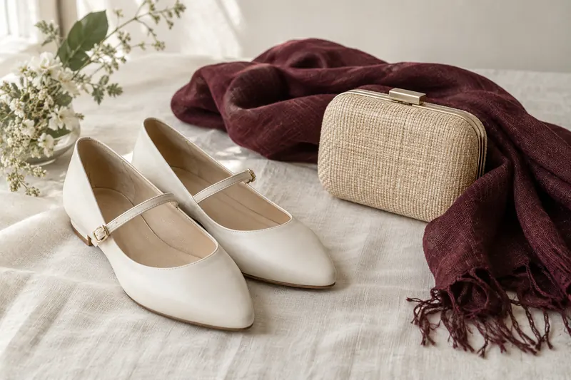Original accessory concept with ivory flats, a light burgundy wrap and a small woven evening bag.