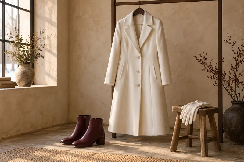 Original winter accessory concept with an ivory tailored coat, burgundy ankle boots and soft gloves.