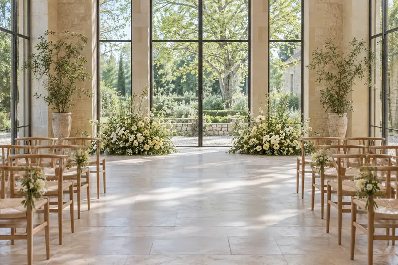 Low ivory-and-yellow flower clusters frame an open standing area beside garden-facing windows and pale timber ceremony chairs.