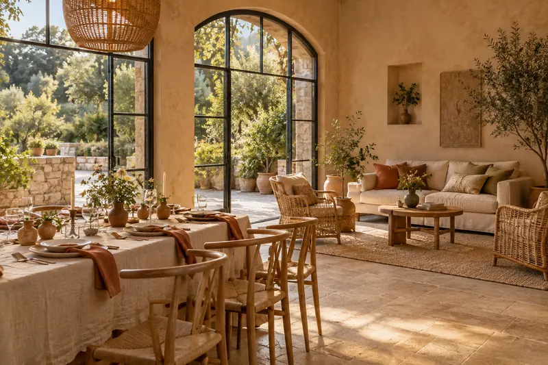 Original bohemian wedding concept combining woven seating, textured linen, clay vessels and a relaxed lounge.