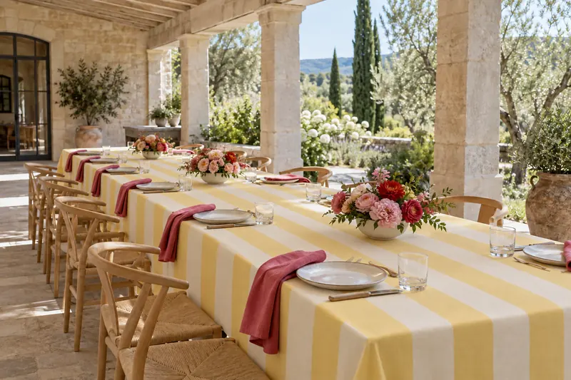 Butter-yellow and cream striped linen, red-pink napkins and low flowers dress a long table beneath a stone terrace roof.