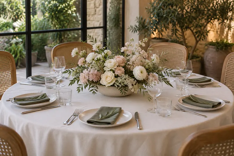 Original table concept with a low blush-flower bowl, olive napkins and visible clear space across the place settings.