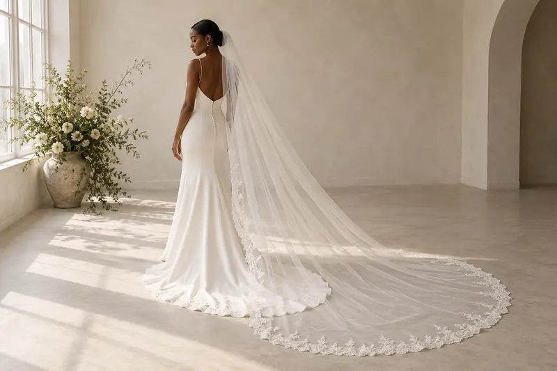 Original veil concept showing a long sheer veil with a lace edge extending beyond a plain ivory gown.