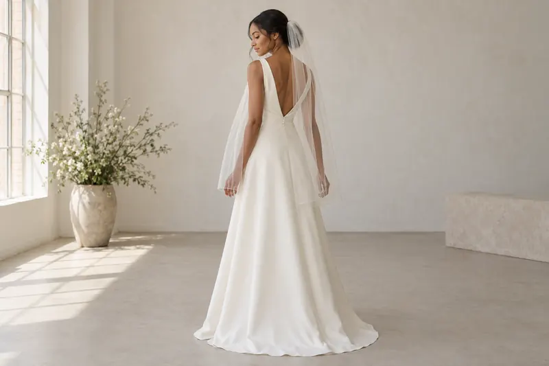 Original veil concept showing a sheer fingertip-length veil over a simple ivory dress from the back.