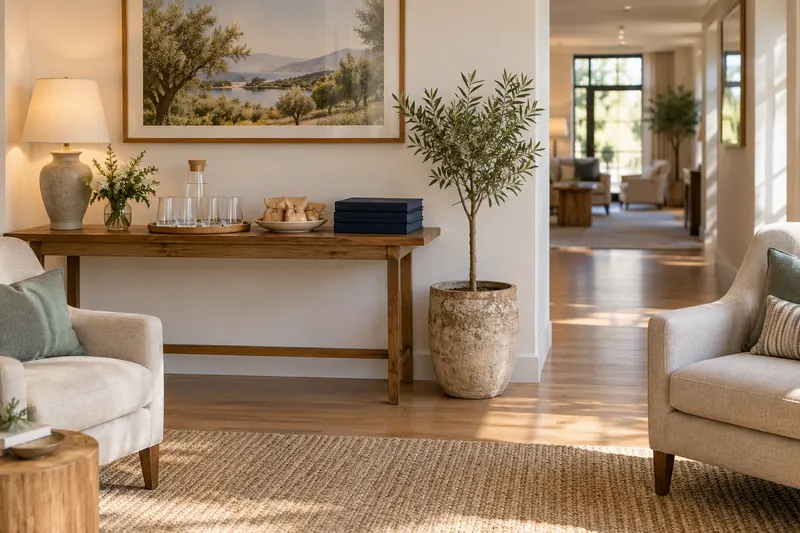 A welcome table with water, small wrapped snacks, plain information folders and a nearby pair of comfortable chairs.