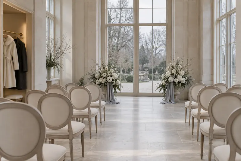 Cream flowers and silver-gray fabric frame an indoor ceremony beside cool winter windows, with coats in an entrance alcove.